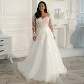 Vintage Lace Wedding Dresses Plus Size Elegant Big Women's Long Sleeves Scoop A Line Tulle Bridal Gowns свадебное платье Robe De Beige